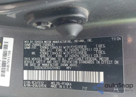 2005 Toyota Sienna Xle из США, поврежденный, VIN 5TDZA22C55S254962